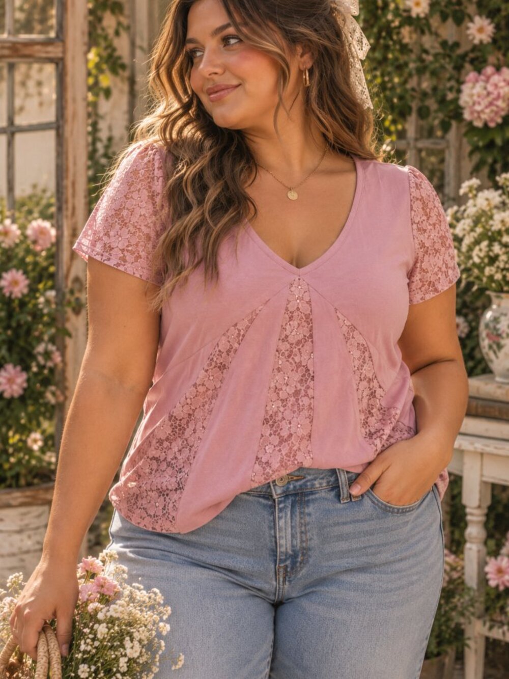 Caslon Pink Lace Inset Flutter Sleeve Blouse L Boho Romantic Whimsy Feminine